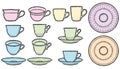 Multicolored coffee cups with saucers.